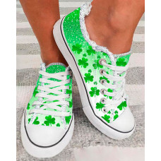 St. Patrick's Day Clover Print Ombre Fringe Hem Canvas Sneakers - white&green