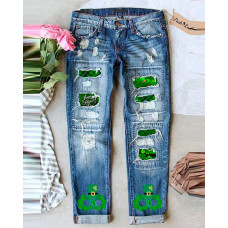 St. Patrick's Day Clover Print Patchwork High Waist Jeans - blue