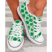 St. Patrick's Day Clover Print Round Toe Fringe Canvas Sneakers - white&green