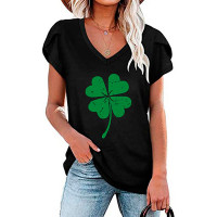 St. Patrick's Day Clover Print V-Neck Casual T-shirt - black