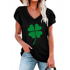 St. Patrick's Day Clover Print V-Neck Casual T-shirt - black