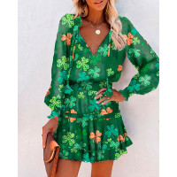 St. Patrick's Day Clovers Print Long Sleeve Mini Dress - green