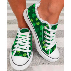 St. Patrick's Day Deep Green Clover Print Fringe Hem Canvas Sneakers - green