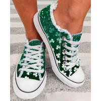 St. Patrick's Day Grass Clover Print Ombre Lace-up Canvas Sneakers - green