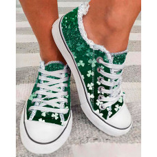 St. Patrick's Day Grass Clover Print Ombre Lace-up Canvas Sneakers - green