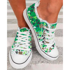 St. Patrick's Day Leopard Clover Print Fringe Hem Canvas Sneakers - green