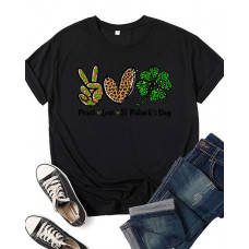 St. Patrick's Day Leopard Scissorhands Clover Letter Print Casual T-shirt - black