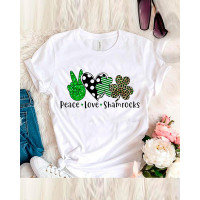 St. Patrick's Day Letter Heart Clover Print Casual T-shirt - white