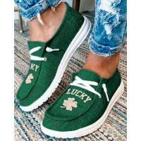 St. Patrick's Day Letter Lucky Clover Print Lace-up Loafers - green