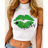 St. Patrick's Day Lip Clover Print Ribbed Crop Tank Top - white