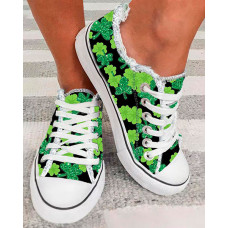 St. Patrick's Day Lucky Clover Print Fringe Hem Canvas Sneakers - black&green