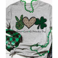 St. Patrick's Day Lucky Shamrock Heart Print Casual T-shirt - gray