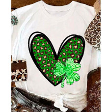 St. Patrick's Day Lucky Shamrock Heart Print Casual T-shirt - white