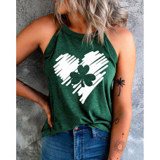 St. Patrick's Day Lucky Shamrock Heart Print Tank Top - green