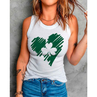 St. Patrick's Day Lucky Shamrock Heart Print Tank Top - white