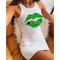 St. Patrick's Day Lucky Shamrock Lip Print Ribbed Bodycon Dress - white