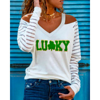 St. Patrick's Day Lucky Shamrock Print Cold Shoulder Top - white