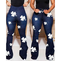 St. Patrick's Day Lucky Shamrock Print High Waist Flared Leg Jeans - dark blue