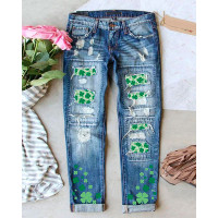 St. Patrick's Day Lucky Shamrock Print Patchwork Ripped Jeans - blue