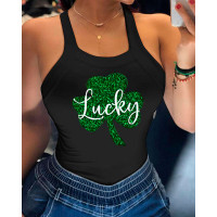 St. Patrick's Day Lucky Shamrock Print Tank Top - black