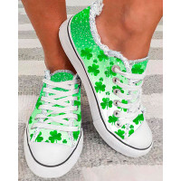 St. Patrick's Day Ombre Clover Print Eyelet Lace-up Canvas Sneakers - white&green