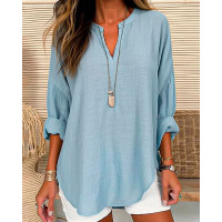 Stand Collar Buttoned Asymmetrical Blouse - blue