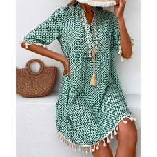 Stand Collar Tassel Design Casual Dress - green