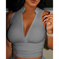 Stand Collar Zipper Design Crop Top - gray