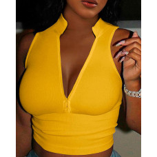 Stand Collar Zipper Design Crop Top - yellow