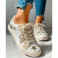 Star Design Casual Lace-Up Sneakers - beige