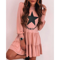 Star Letter Print Puff Lantern Sleeve Ruched Dress - pink