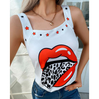 Star Lip Leopard Print Tank Top - white