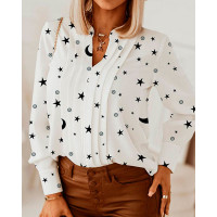 Star Moon Print Ruched Long Sleeve Top - white