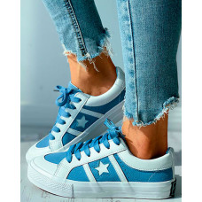 Star Pattern Colorblock Lace-up Canvas Shoes - blue