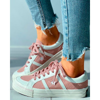 Star Pattern Colorblock Lace-up Canvas Shoes - pink