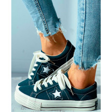 Star Pattern Cutout Lace-up Suede Shoes - blue