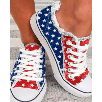 Star Print Eyelet Lace-up Fringe Hem Canvas Shoes - blue&red