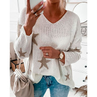 Star Print Long Sleeve Casual Knit Sweater - white