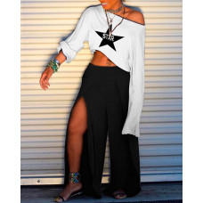 Star Print Long Sleeve T-shirt & Slit Pant Sets - black