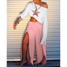 Star Print Long Sleeve T-shirt & Slit Pant Sets - pink