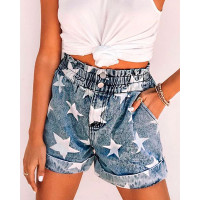 Star Print Pocket Design Roll Hem Denim Shorts - blue