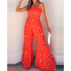 Star Print Shirred Frill Hem Bootcut Jumpsuit - red