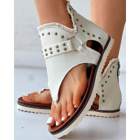 Star Print Studded Fringe Hem Sandals - beige