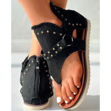 Star Print Studded Fringe Hem Sandals - black