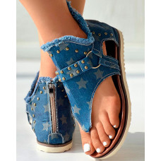 Star Print Studded Fringe Hem Sandals - blue