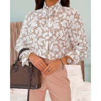 Star Print Tie Neck Long Sleeve Top - white