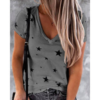 Star Print V-neck Short Sleeve Casual T-shirt - gray