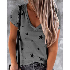 Star Print V-neck Short Sleeve Casual T-shirt - gray