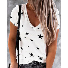 Star Print V-neck Short Sleeve Casual T-shirt - white