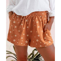 Star Print Waistband Shorts - coffee